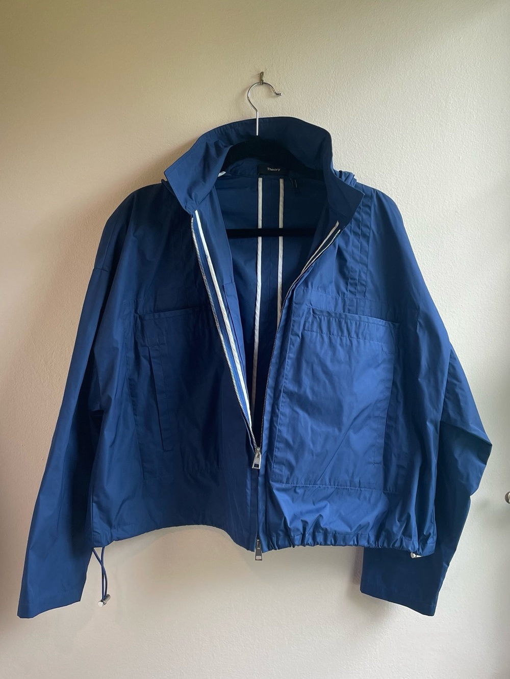 Theory Cropped Anorak Active Twill Jacket Royal Blue Size M Hooded Zip